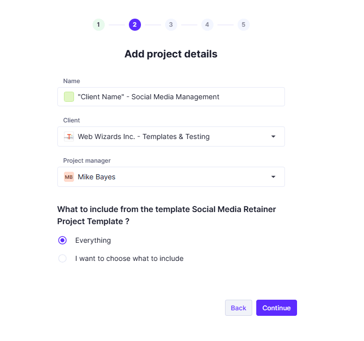Step 2 of the wizard: project name, client, project manager, and the option to include everything from the template