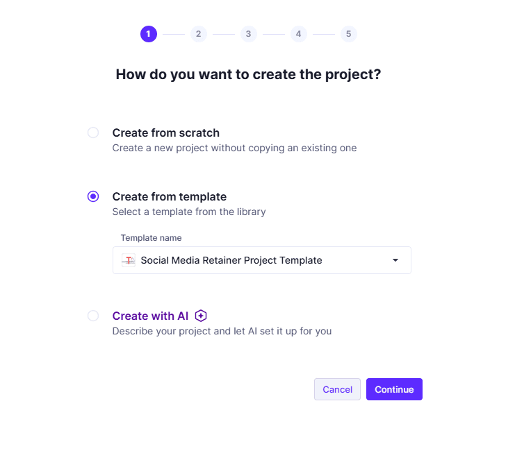 Step 1 of the Productive project wizard, with Create from template selected and the Social Media Retainer Project Template chosen