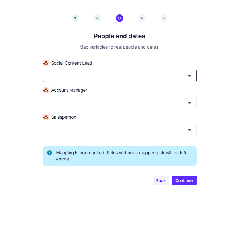 Step 3 of the wizard, mapping the Social Content Lead, Account Manager and Salesperson placeholders to real people