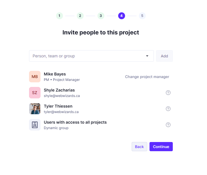 Step 4 of the wizard, showing the people already added to the project