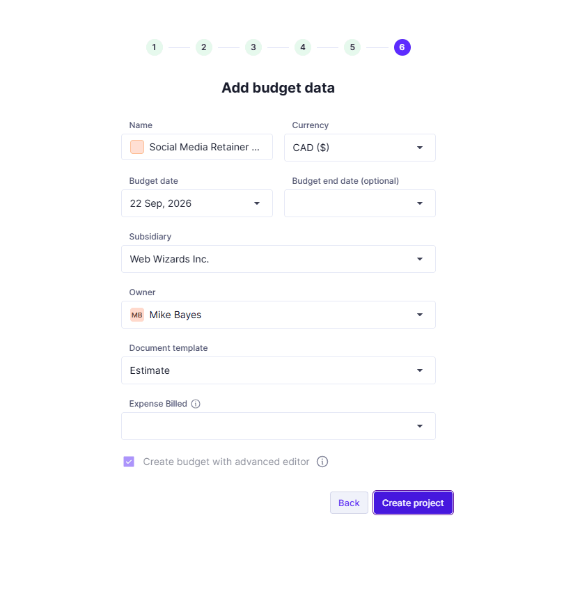 Step 6 of the wizard: budget name, currency, budget date, subsidiary, owner and document template, with the Create project button