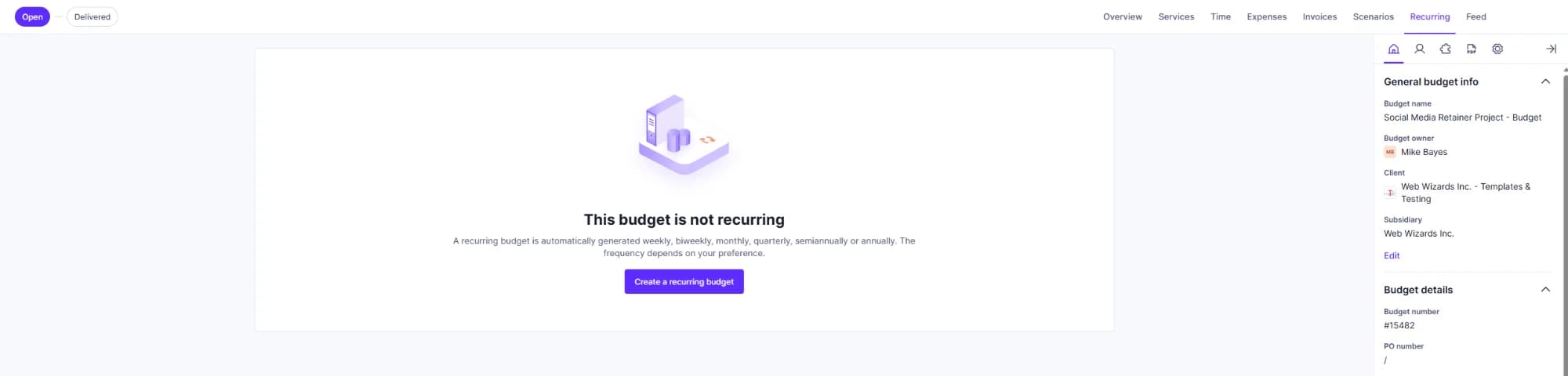 The Recurring tab of a budget showing the message This budget is not recurring and a Create a recurring budget button