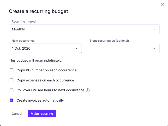 The Create a recurring budget dialog set to Monthly, with a next occurrence of 1 Oct 2026 and Create invoices automatically ticked
