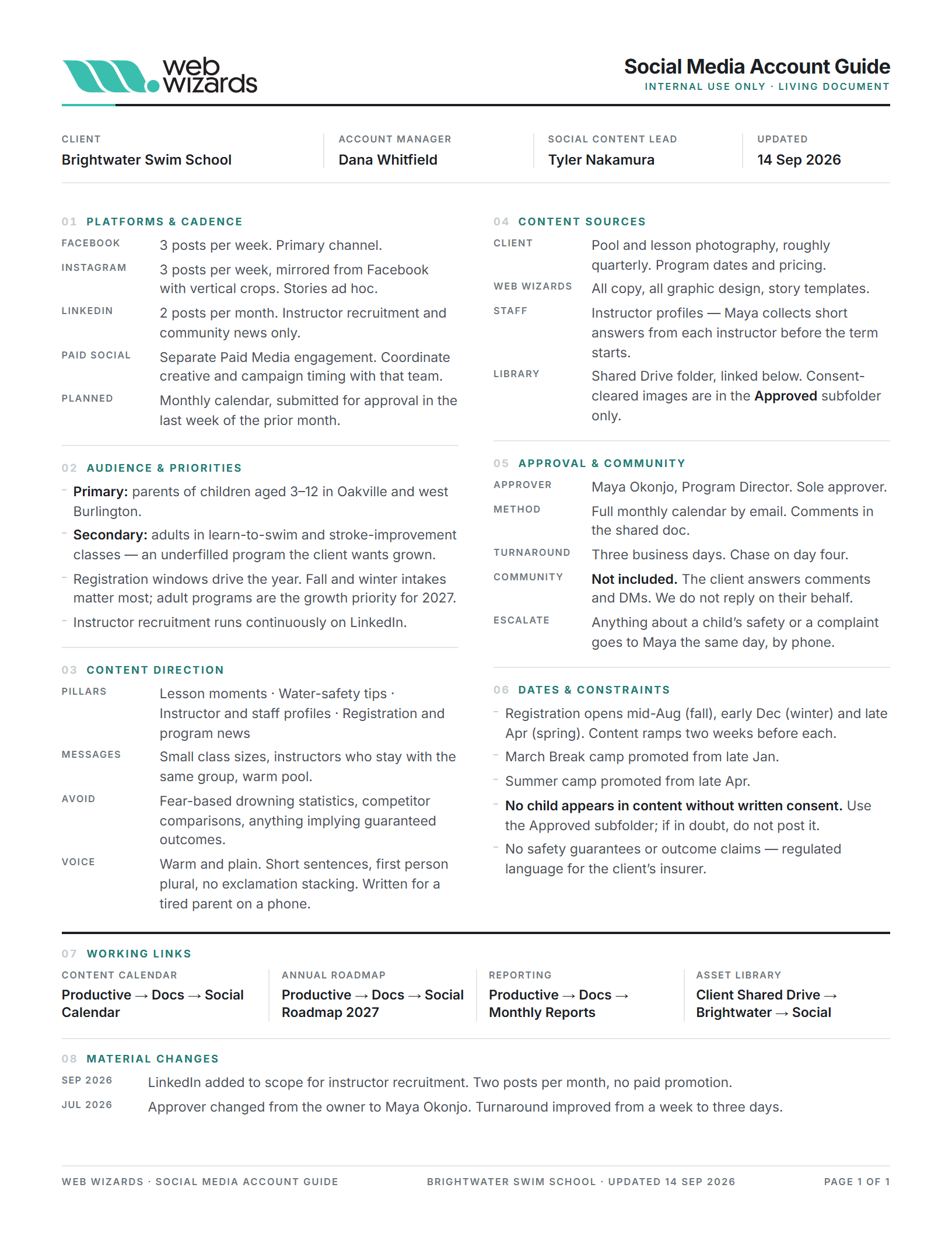 Completed Social Media Account Guide for the fictional client Brightwater Swim School, shown as a single page